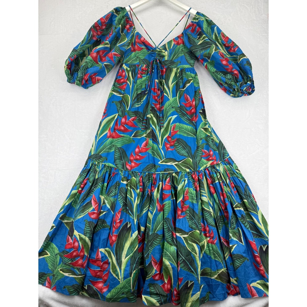 Farm Rio Tropical Floral Puff Sleeve Maxi Dress Blue Red Green Cotton Boho XS